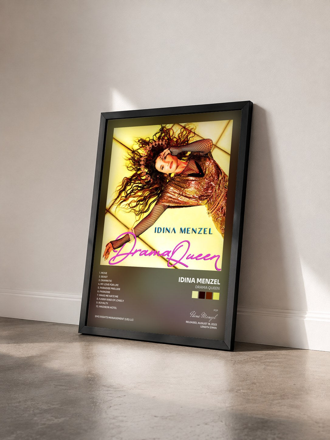 #noir Tableau de l'album Drama Queen de Idina Menzel vu de trois quarts, cadre noir