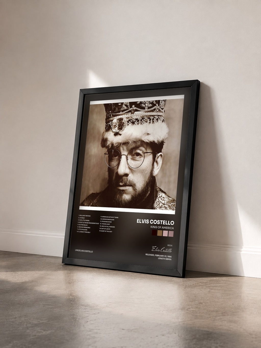 #noir Tableau de l'album King Of America de Elvis Costello vu de trois quarts, cadre noir