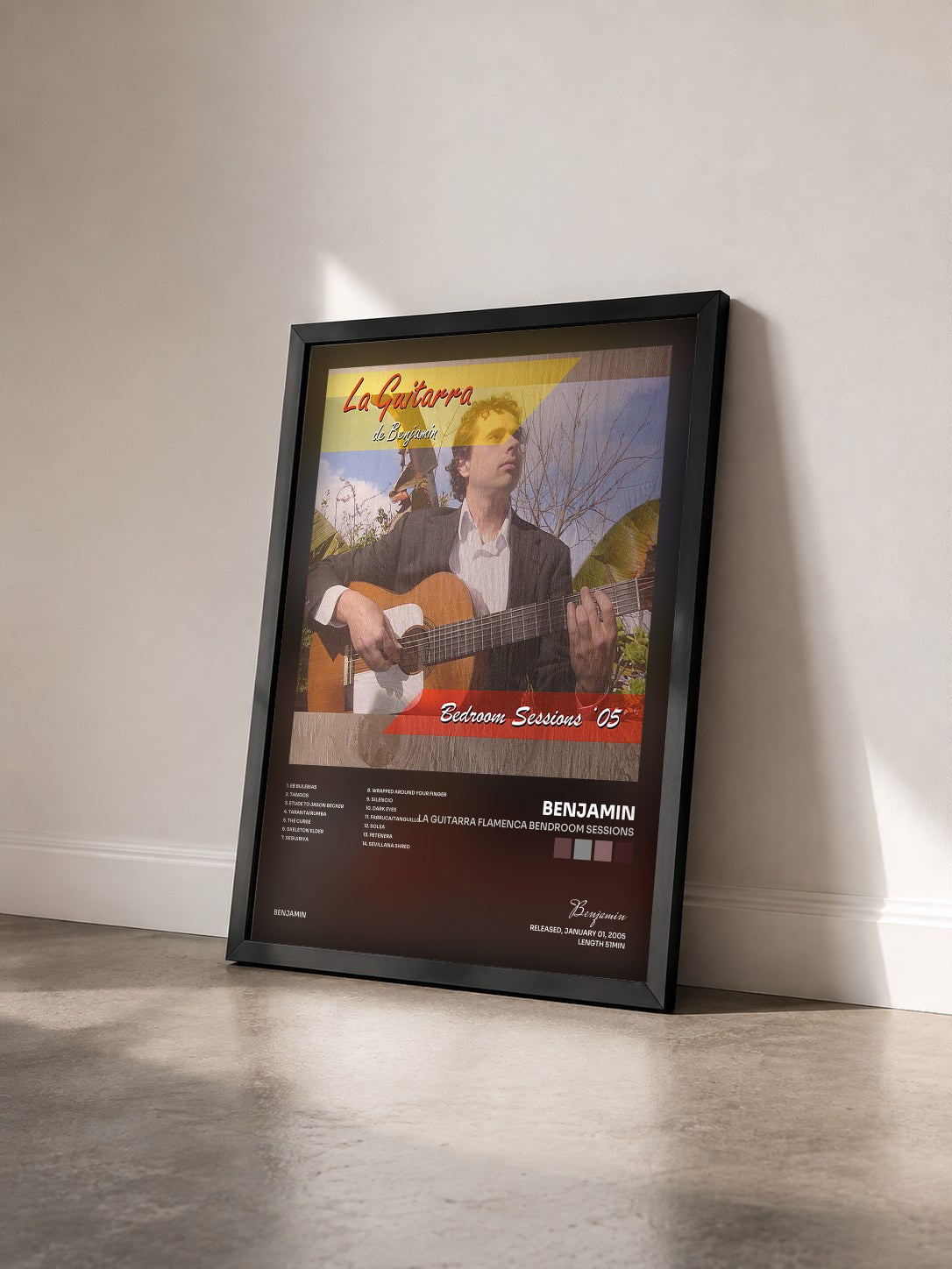 #noir Tableau de l'album La Guitarra Flamenca Bendroom Sessions de Benjamin vu de trois quarts, cadre noir