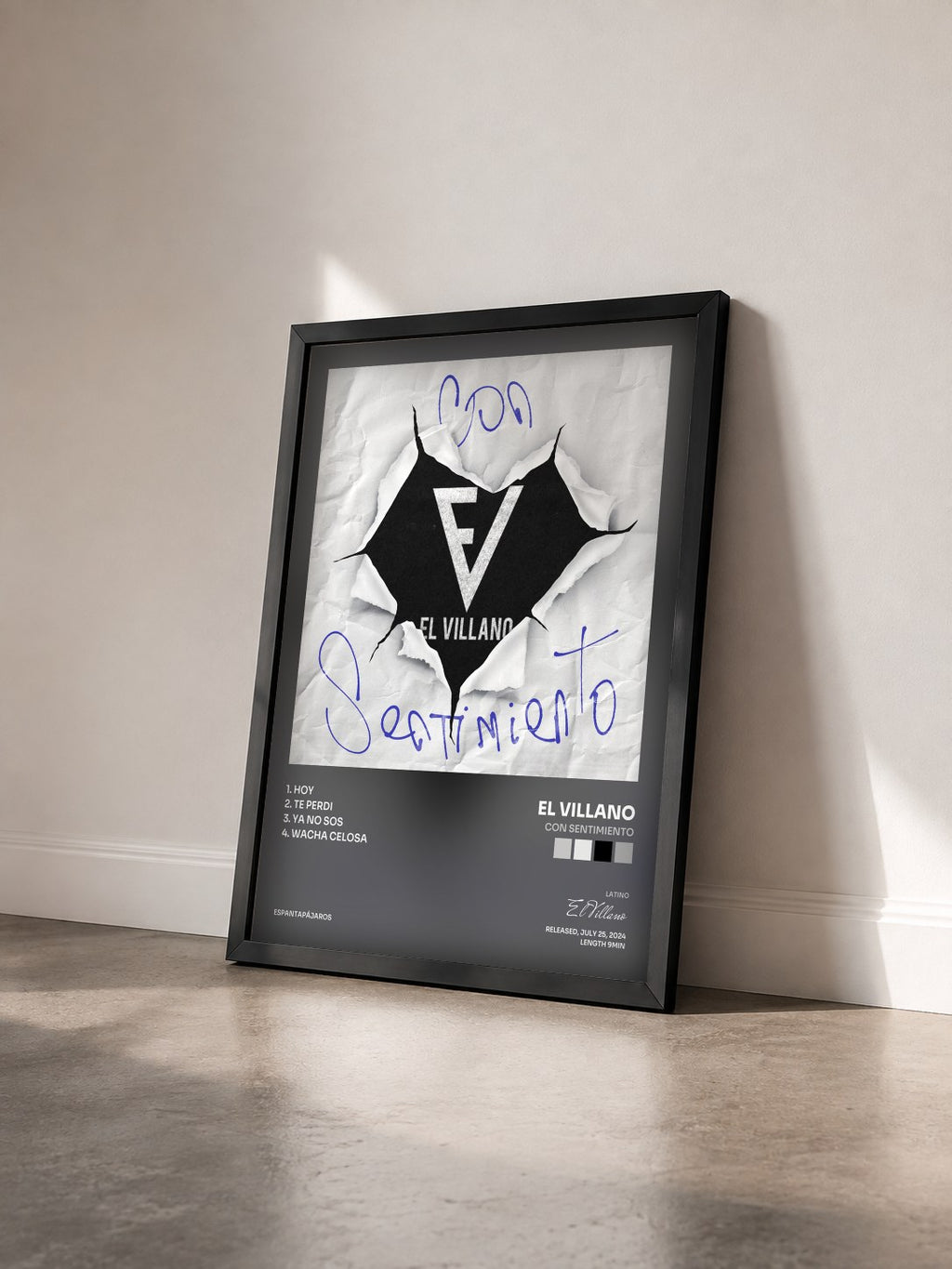 #noir Tableau de l'album Con Sentimiento de El Villano vu de trois quarts, cadre noir