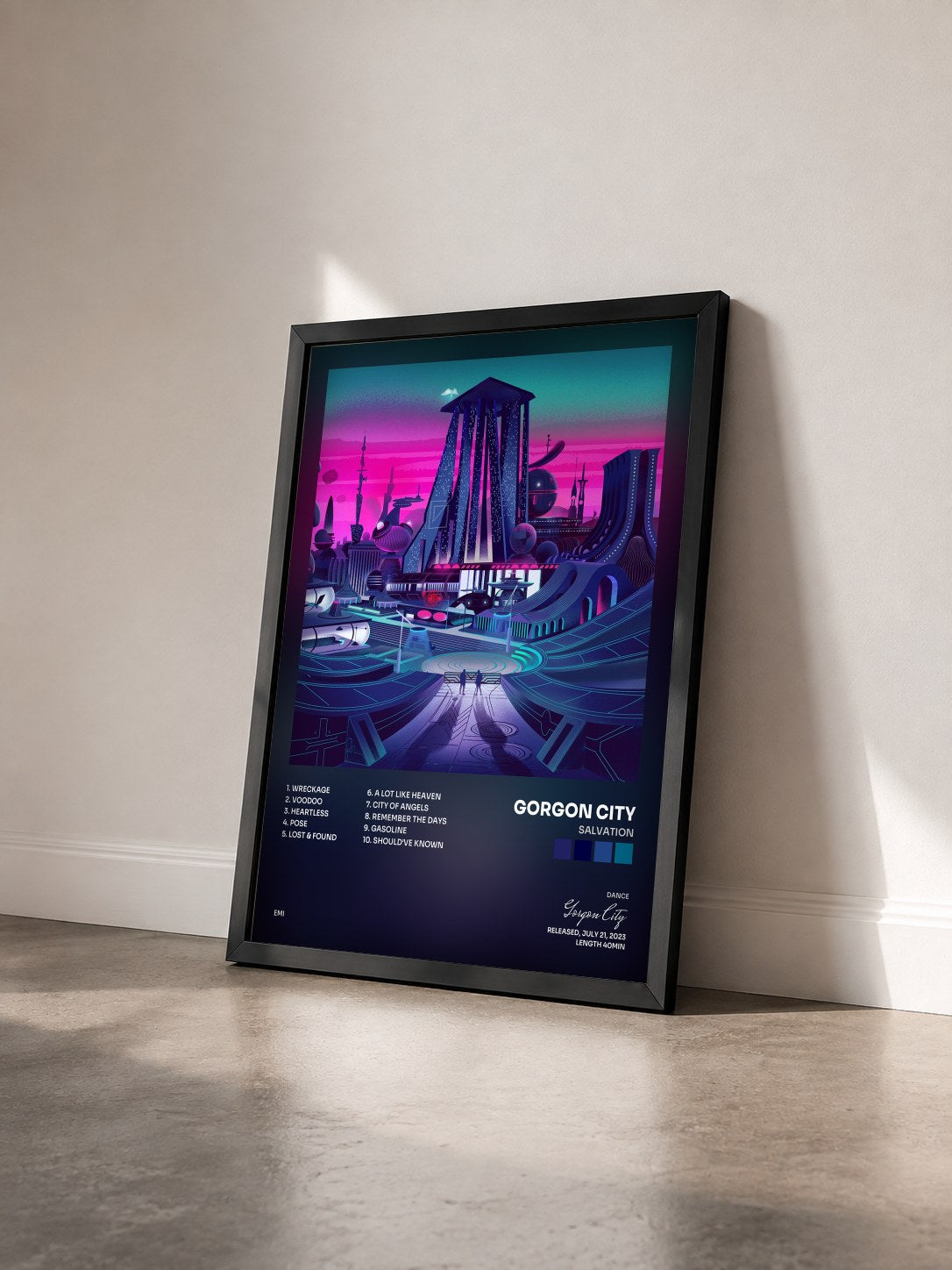 #noir Tableau de l'album Salvation de Gorgon City vu de trois quarts, cadre noir