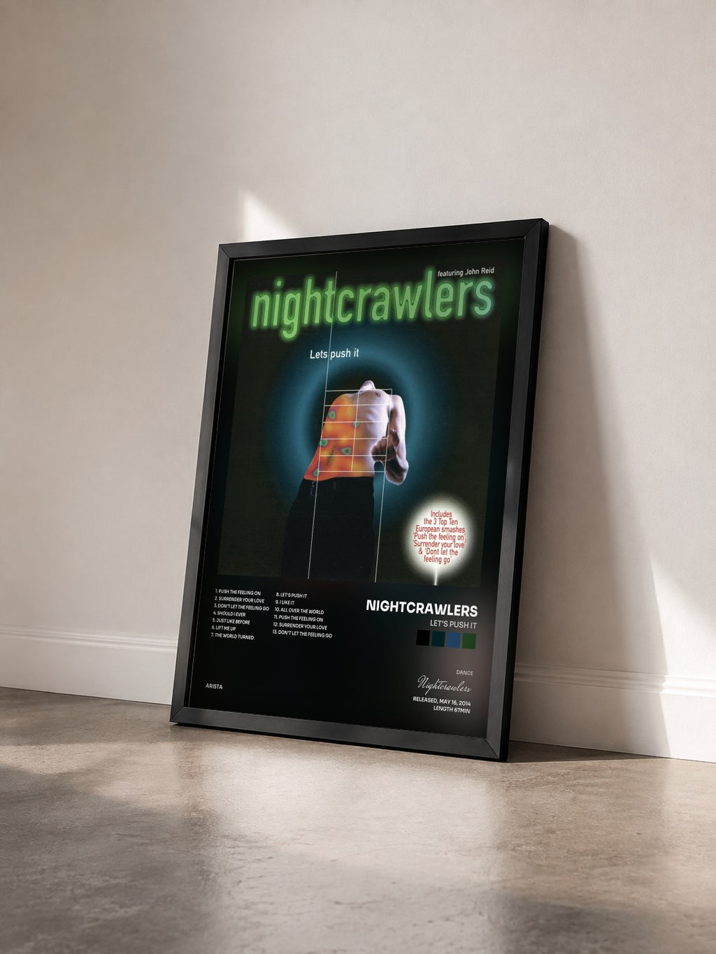 #noir Tableau de l'album Let's Push It de Nightcrawlers vu de trois quarts, cadre noir