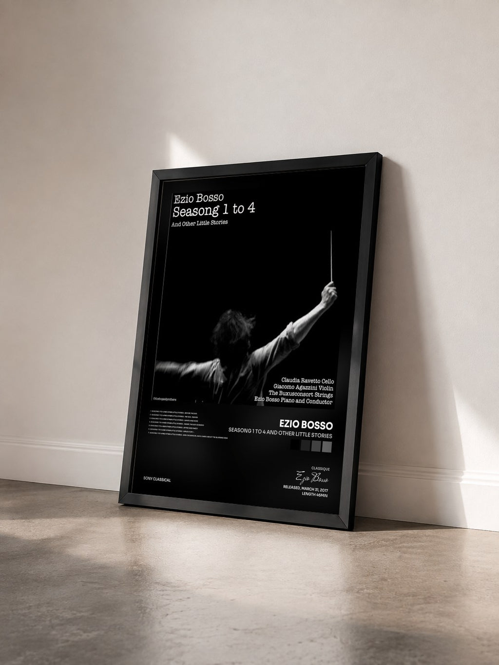 #noir Tableau de l'album Seasong 1 To 4 and Other Little Stories de Ezio Bosso vu de trois quarts, cadre noir