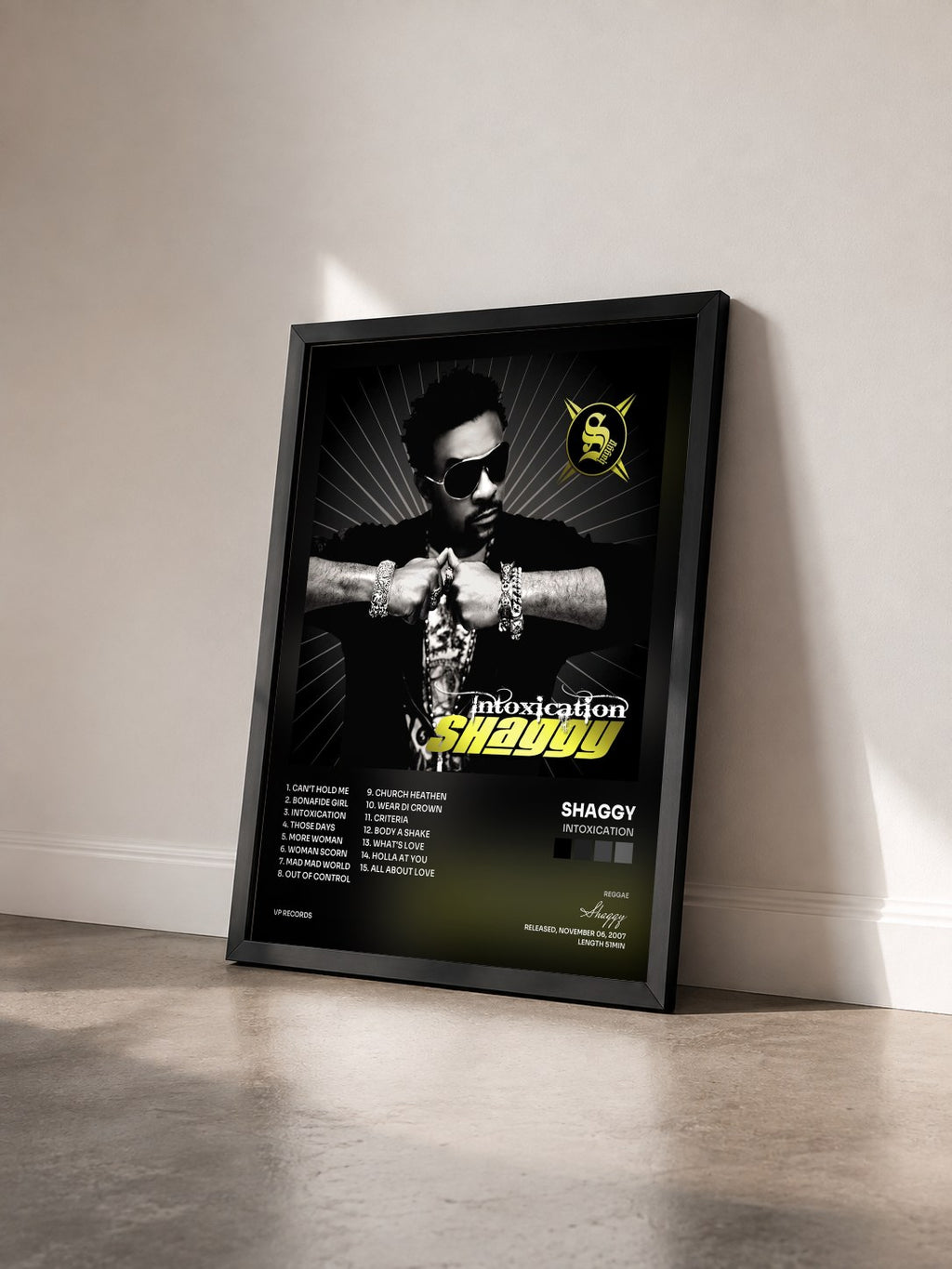 #noir Tableau de l'album Intoxication de Shaggy vu de trois quarts, cadre noir
