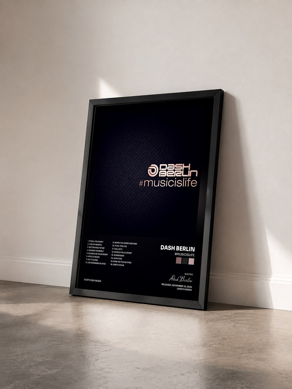 #noir Tableau de l'album #musicislife de Dash Berlin vu de trois quarts, cadre noir