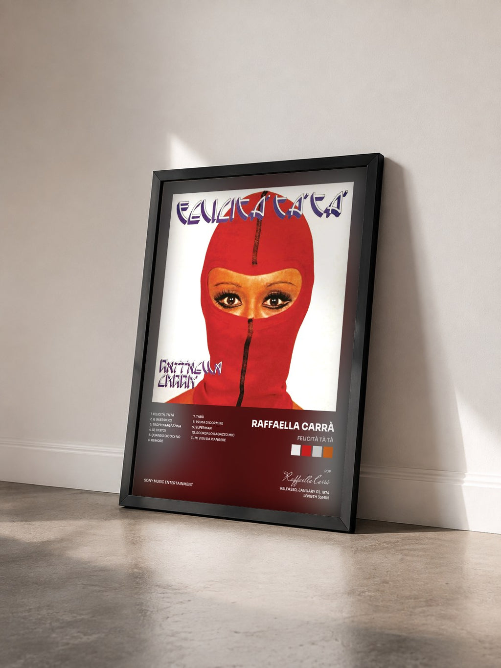 #noir Tableau de l'album Felicità Tà Tà de Raffaella Carrà vu de trois quarts, cadre noir