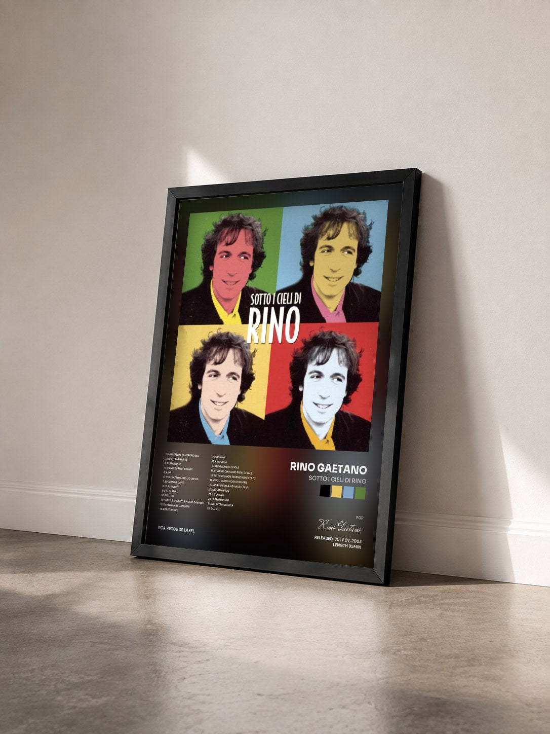 #noir Tableau de l'album Sotto I Cieli Di Rino de Rino Gaetano vu de trois quarts, cadre noir
