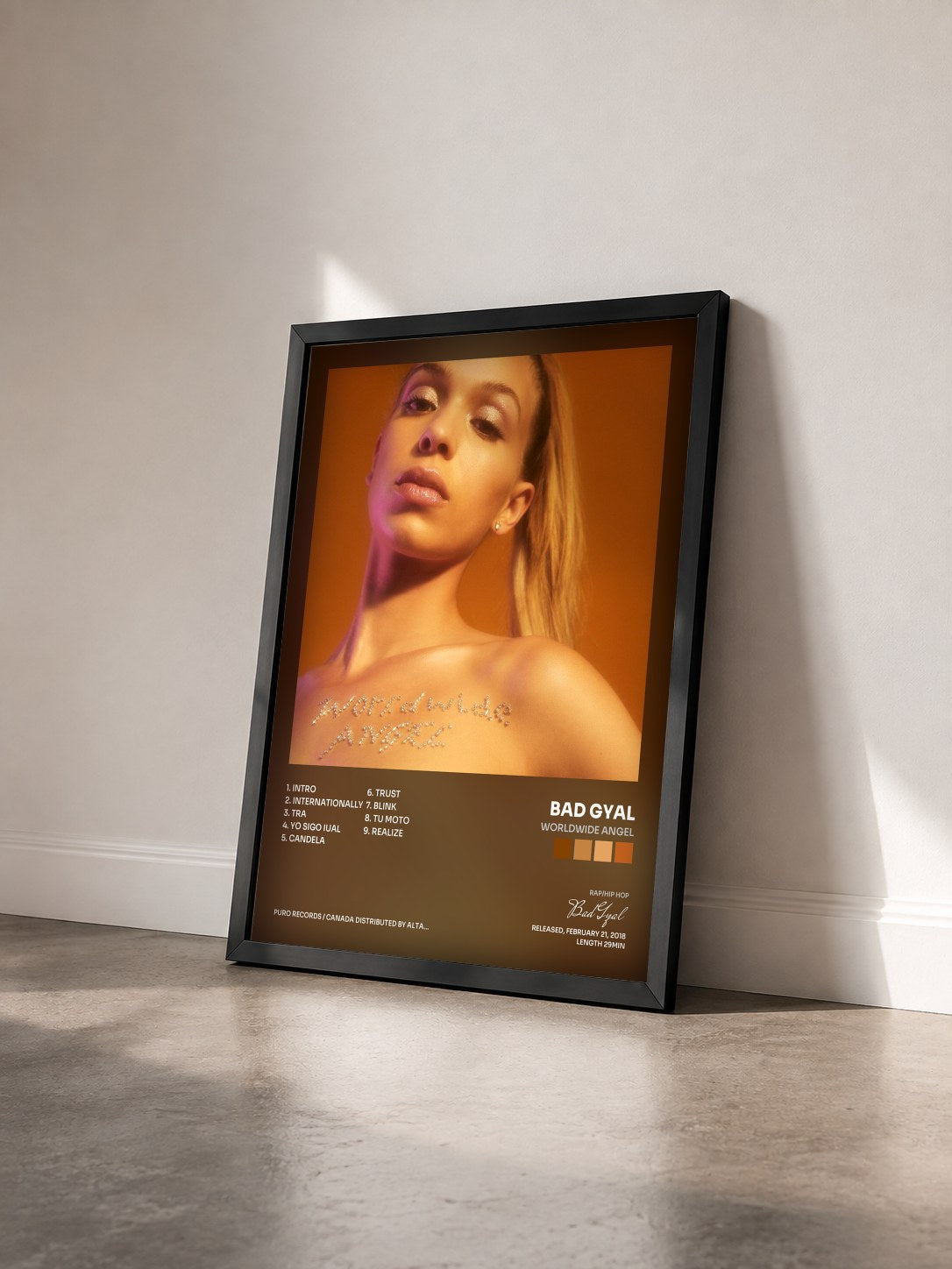 #noir Tableau de l'album Worldwide Angel de Bad Gyal vu de trois quarts, cadre noir