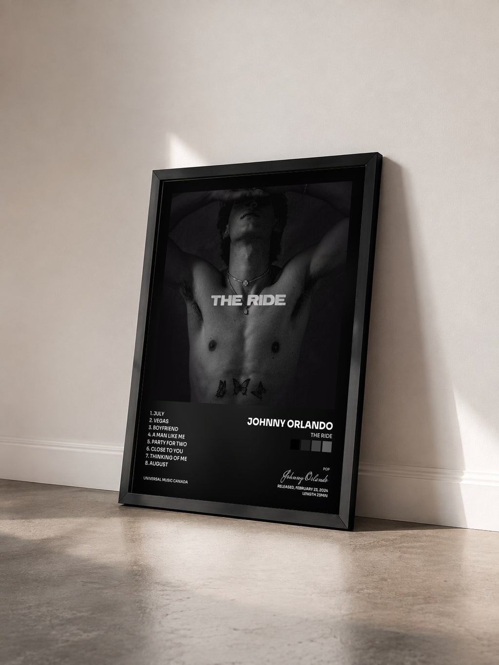 #noir Tableau de l'album The Ride de Johnny Orlando vu de trois quarts, cadre noir