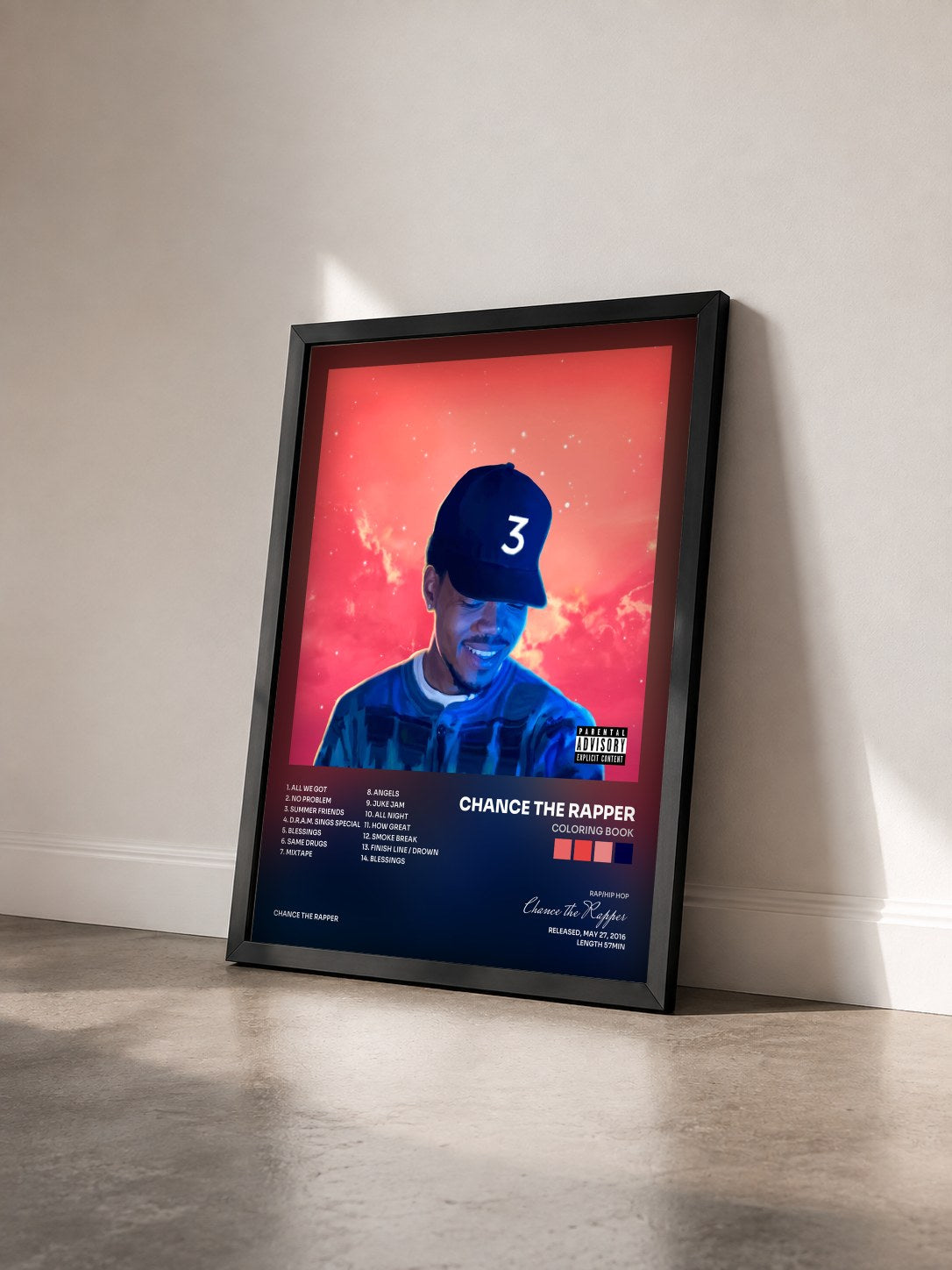 #noir Tableau de l'album Coloring Book de Chance the Rapper vu de trois quarts, cadre noir