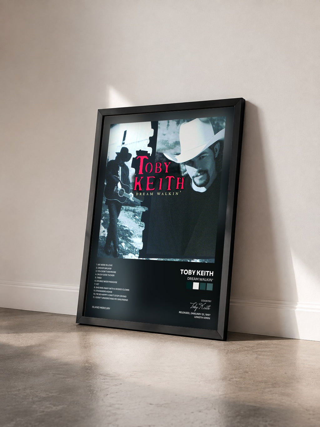 #noir Tableau de l'album Dream Walkin' de Toby Keith vu de trois quarts, cadre noir