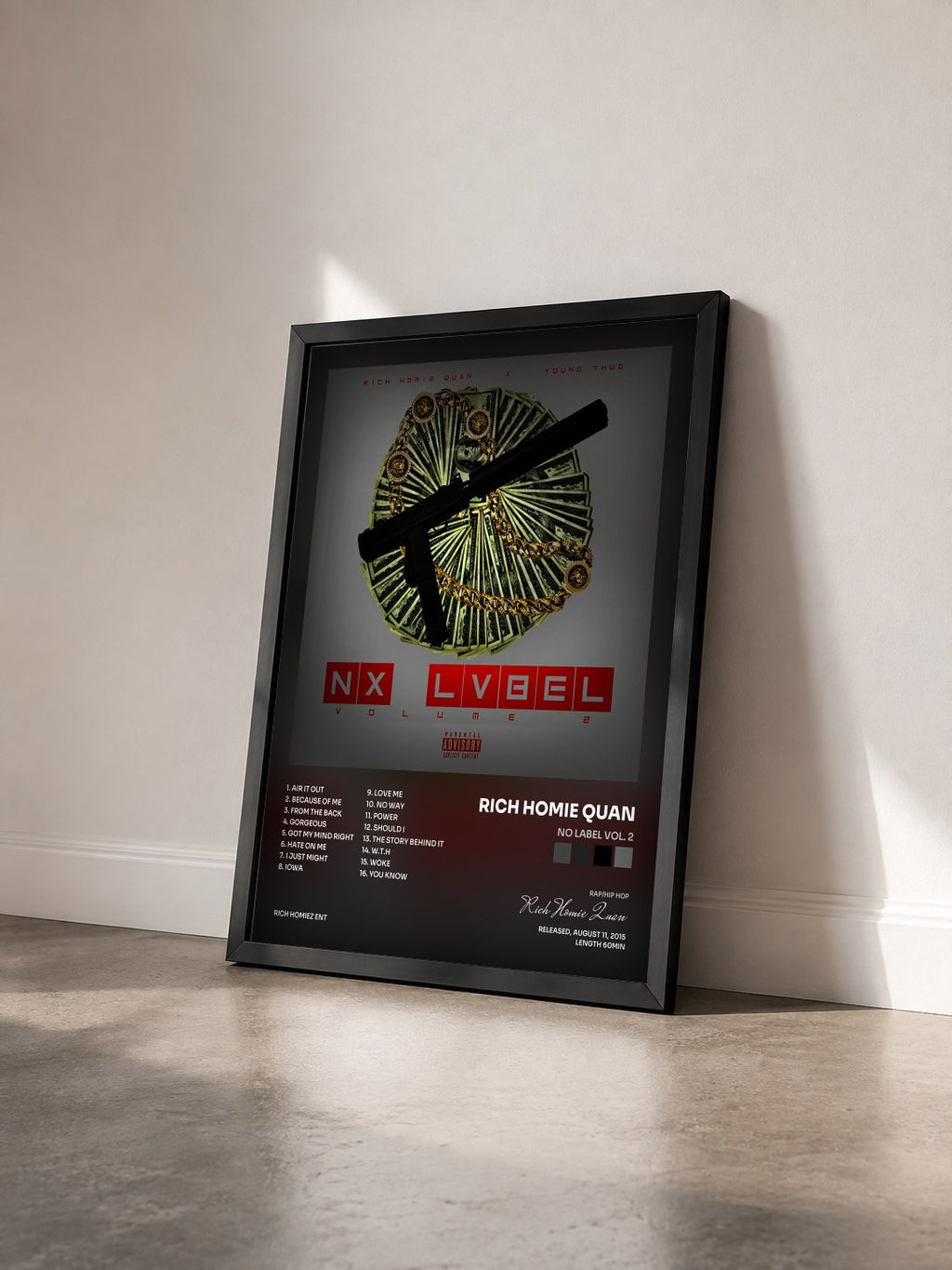#noir Tableau de l'album No Label Vol. 2 de Rich Homie Quan vu de trois quarts, cadre noir
