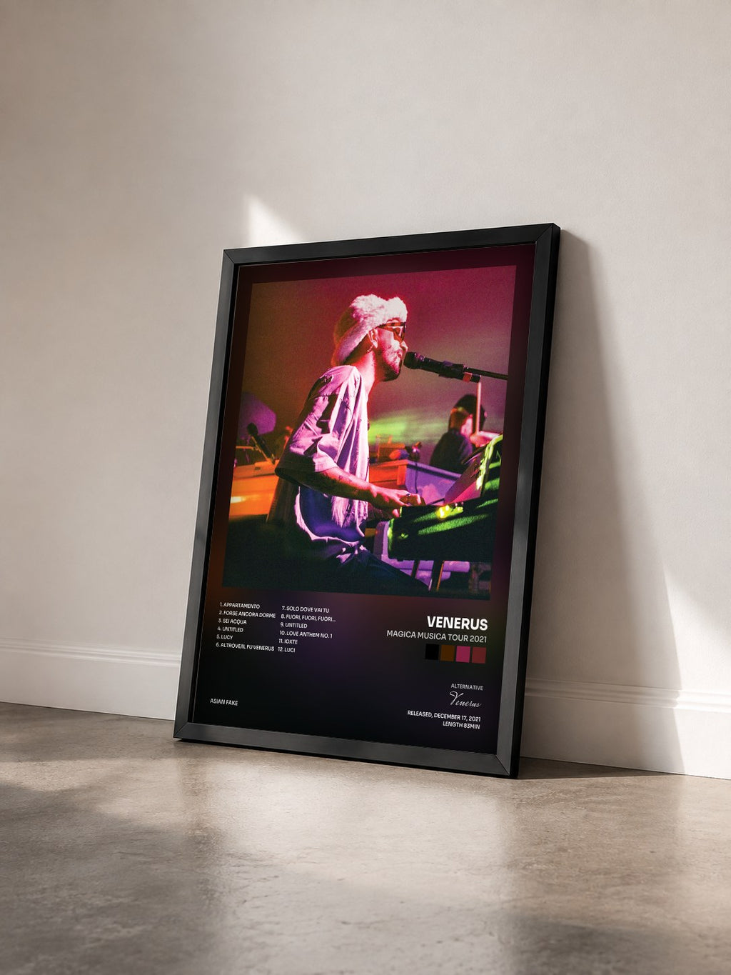 #noir Tableau de l'album Magica Musica Tour 2021 de Venerus vu de trois quarts, cadre noir