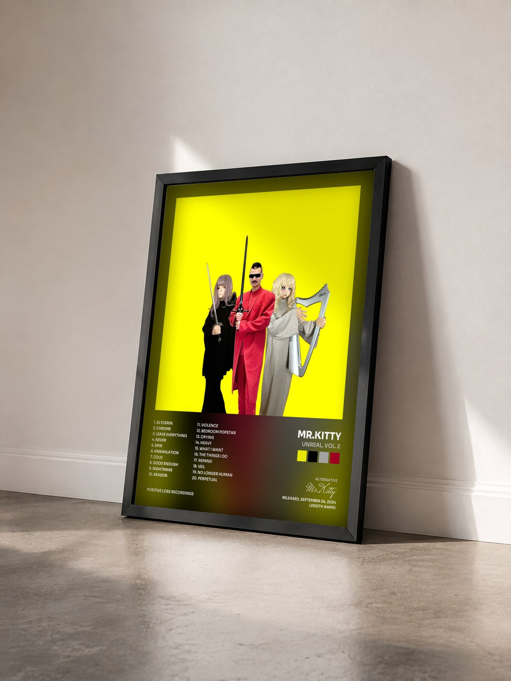 #noir Tableau de l'album Unreal, Vol. 2 de Mr.Kitty vu de trois quarts, cadre noir