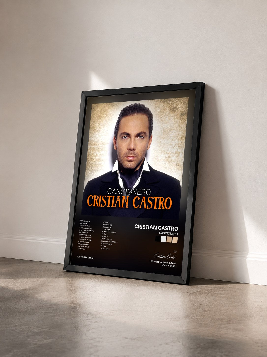 #noir Tableau de l'album Cancionero de Cristian Castro vu de trois quarts, cadre noir