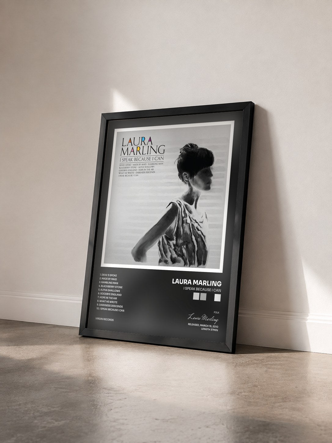 #noir Tableau de l'album I Speak Because I Can de Laura Marling vu de trois quarts, cadre noir