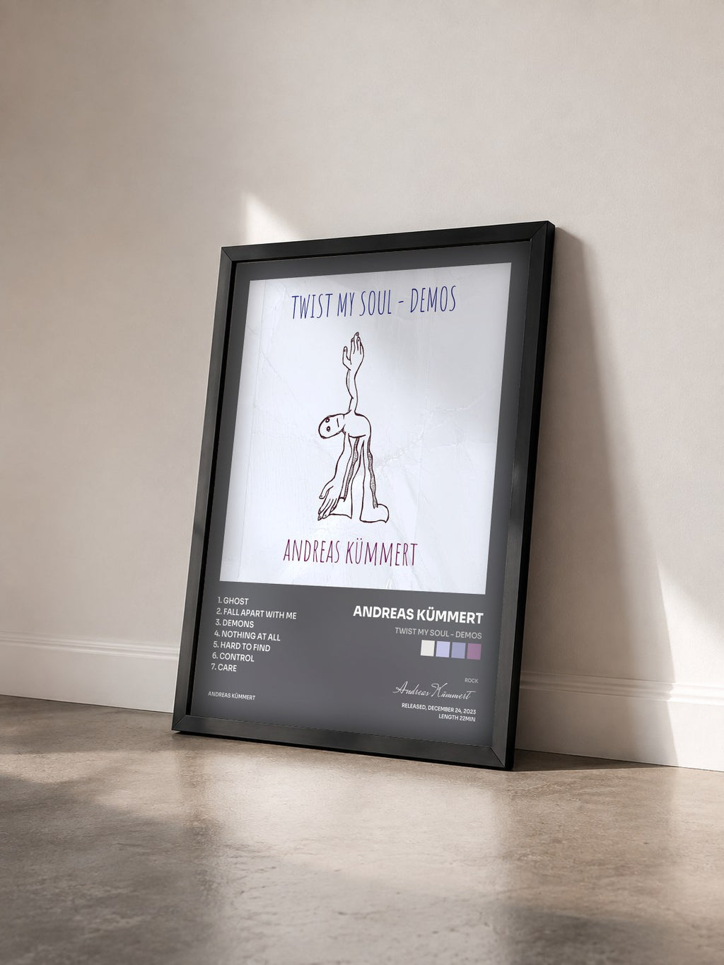 #noir Tableau de l'album Twist My Soul - Demos de Andreas Kümmert vu de trois quarts, cadre noir