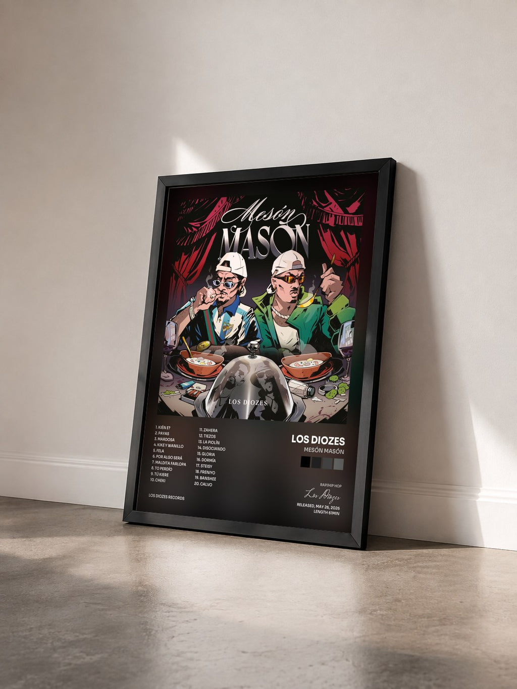 #noir Tableau de l'album MESÓN MASÓN de Los Diozes vu de trois quarts, cadre noir