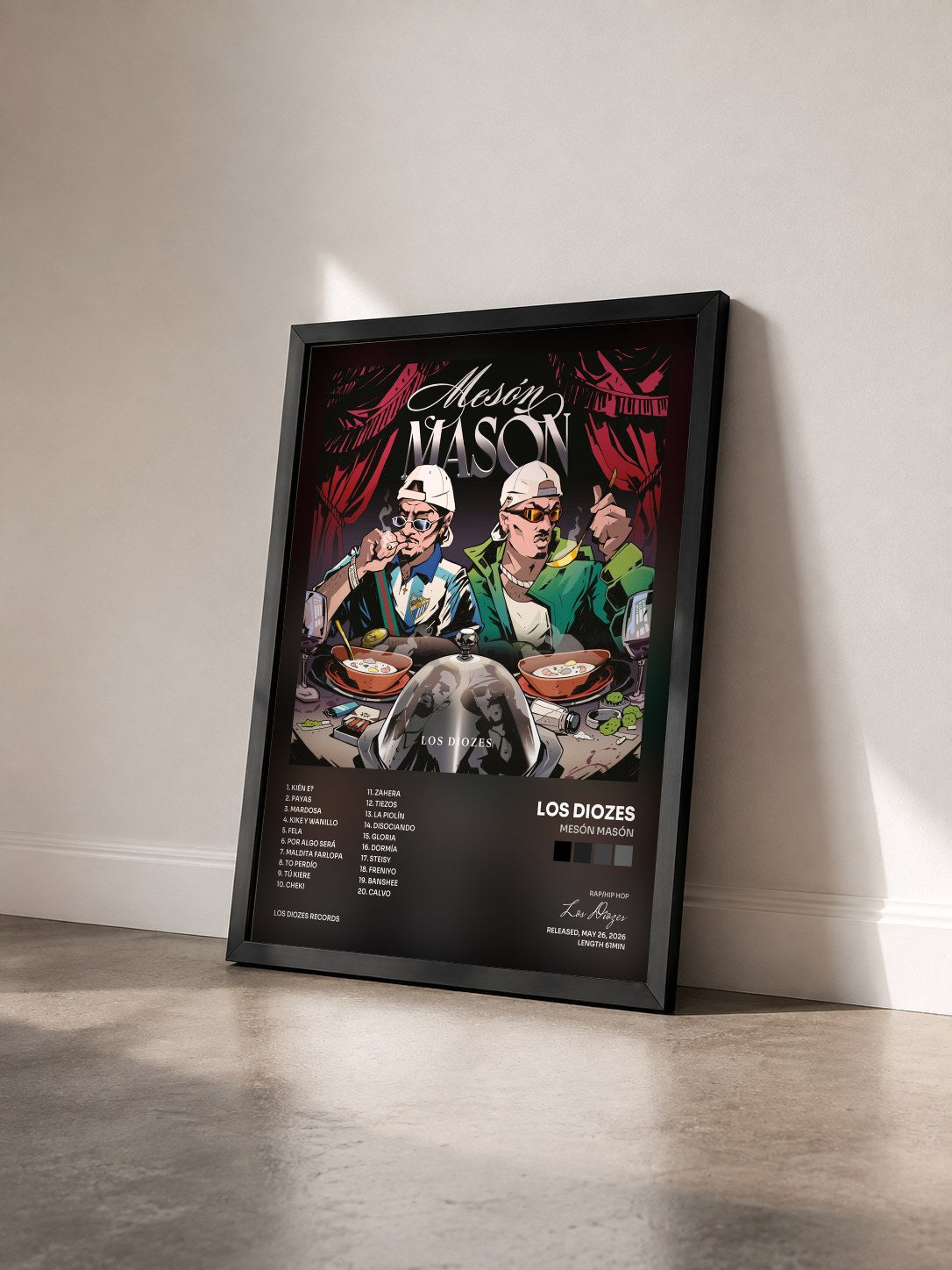 #noir Tableau de l'album MESÓN MASÓN de Los Diozes vu de trois quarts, cadre noir