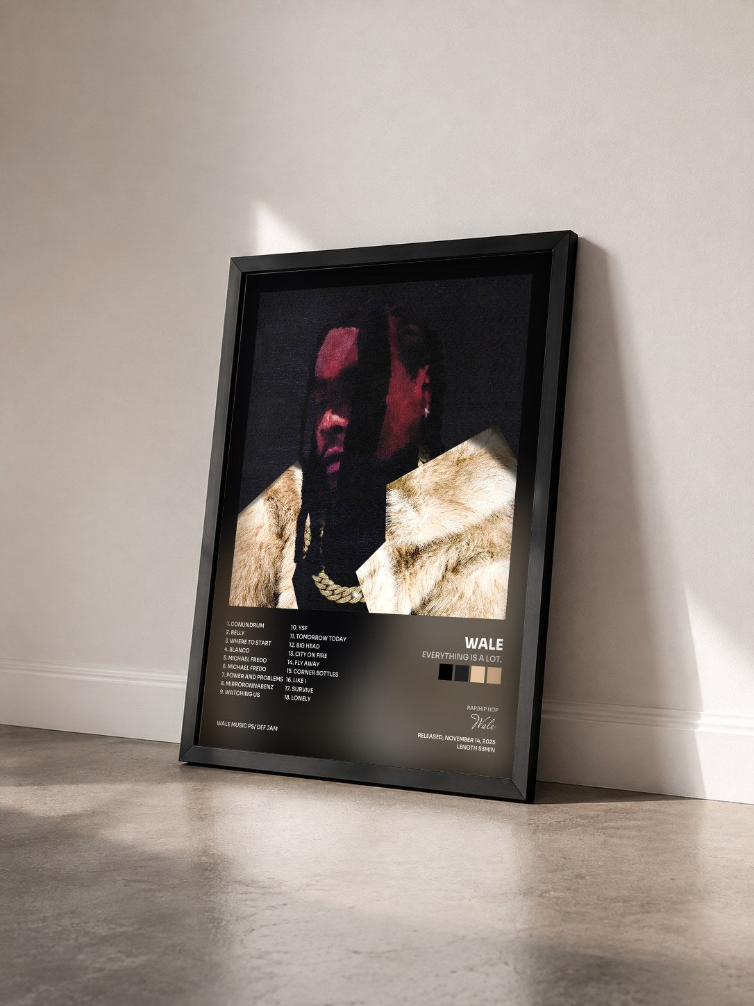 #noir Tableau de l'album everything is a lot. de Wale vu de trois quarts, cadre noir