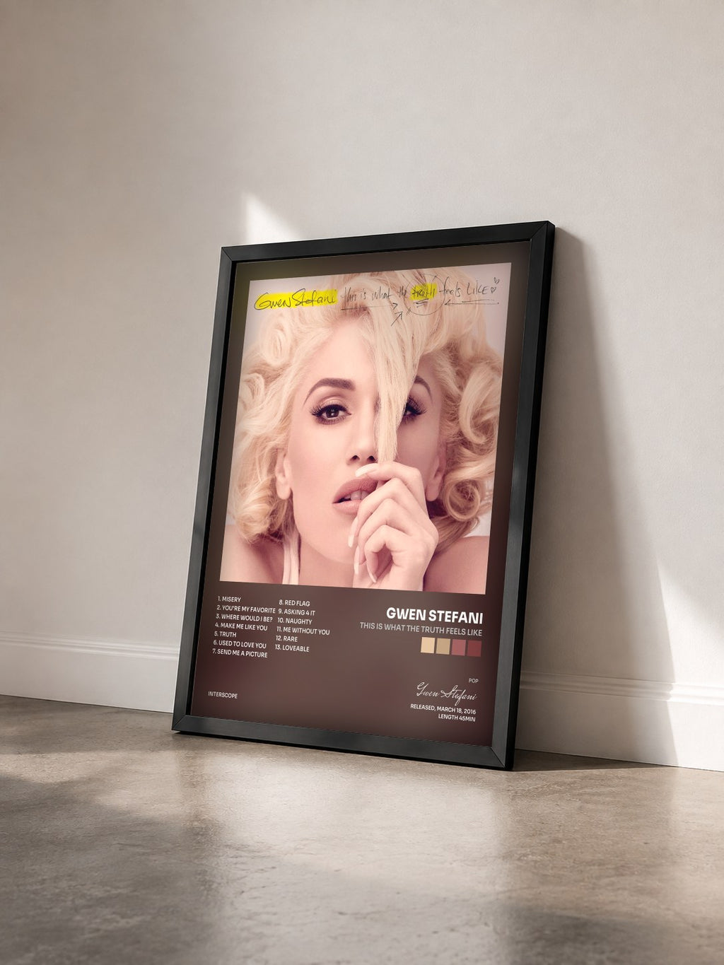 #noir This Is What The Truth Feels Like di Gwen Stefani in stampa incorniciata vista di tre quarti, cornice nera