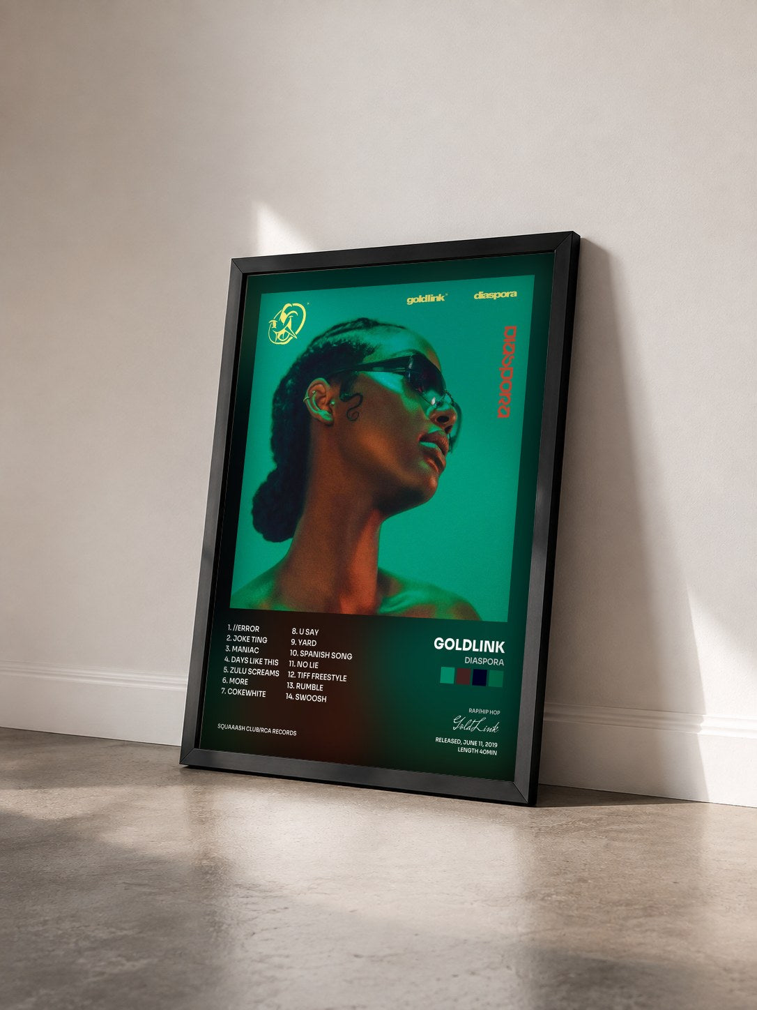 #noir Tableau de l'album Diaspora de GoldLink vu de trois quarts, cadre noir