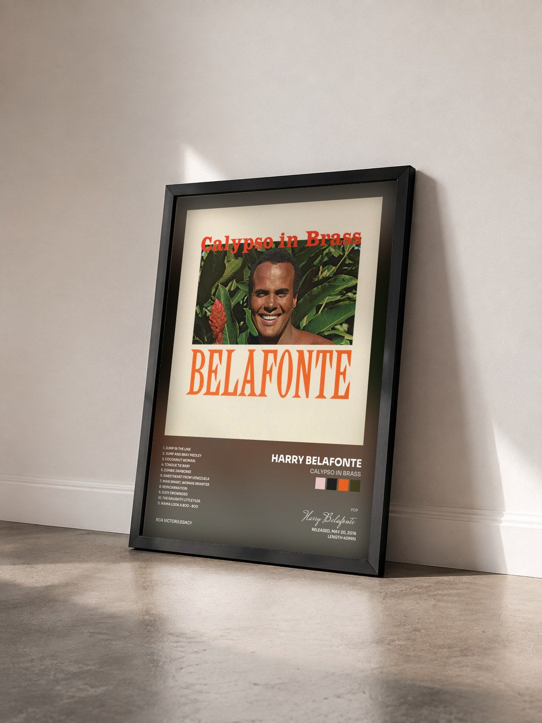 #noir Tableau de l'album Calypso In Brass de Harry Belafonte vu de trois quarts, cadre noir
