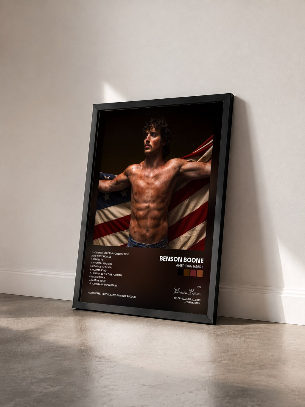 #noir Tableau de l'album American Heart de Benson Boone vu de trois quarts, cadre noir