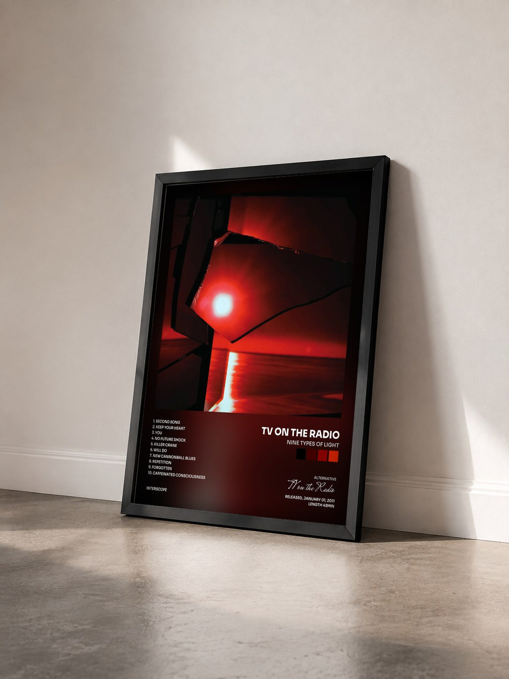 #noir Nine Types of Light di TV on the Radio in stampa incorniciata vista di tre quarti, cornice nera