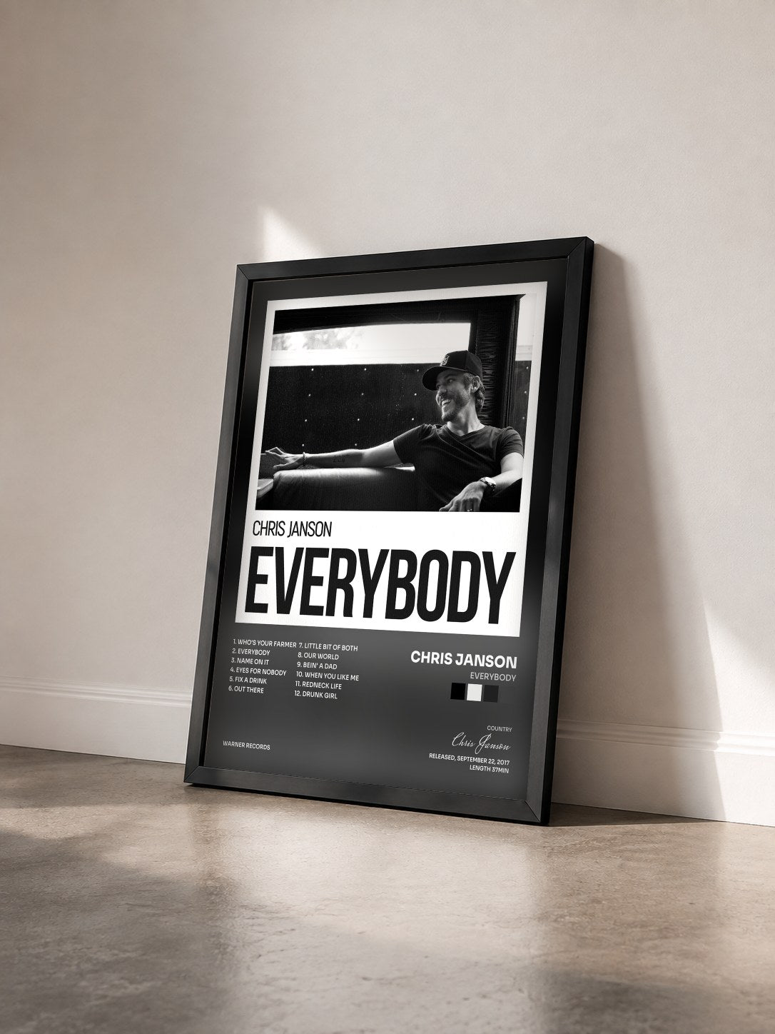 #noir Tableau de l'album EVERYBODY de Chris Janson vu de trois quarts, cadre noir
