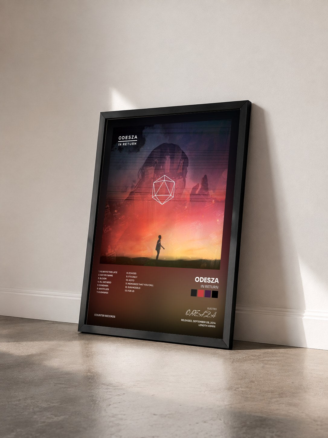 #noir Tableau de l'album In Return de ODESZA vu de trois quarts, cadre noir