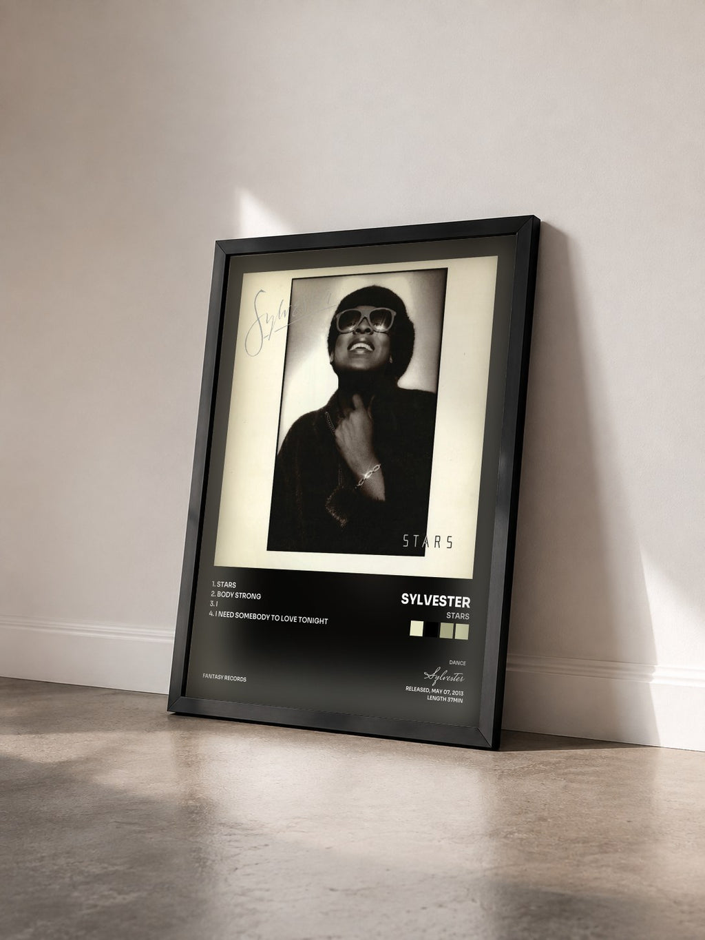 #noir Tableau de l'album Stars de Sylvester vu de trois quarts, cadre noir
