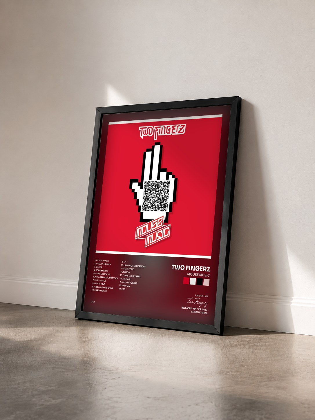 #noir Tableau de l'album Mouse Music de Two Fingerz vu de trois quarts, cadre noir