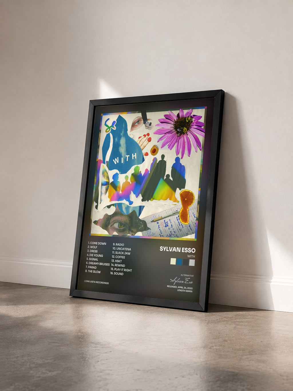 #noir Tableau de l'album WITH de Sylvan Esso vu de trois quarts, cadre noir