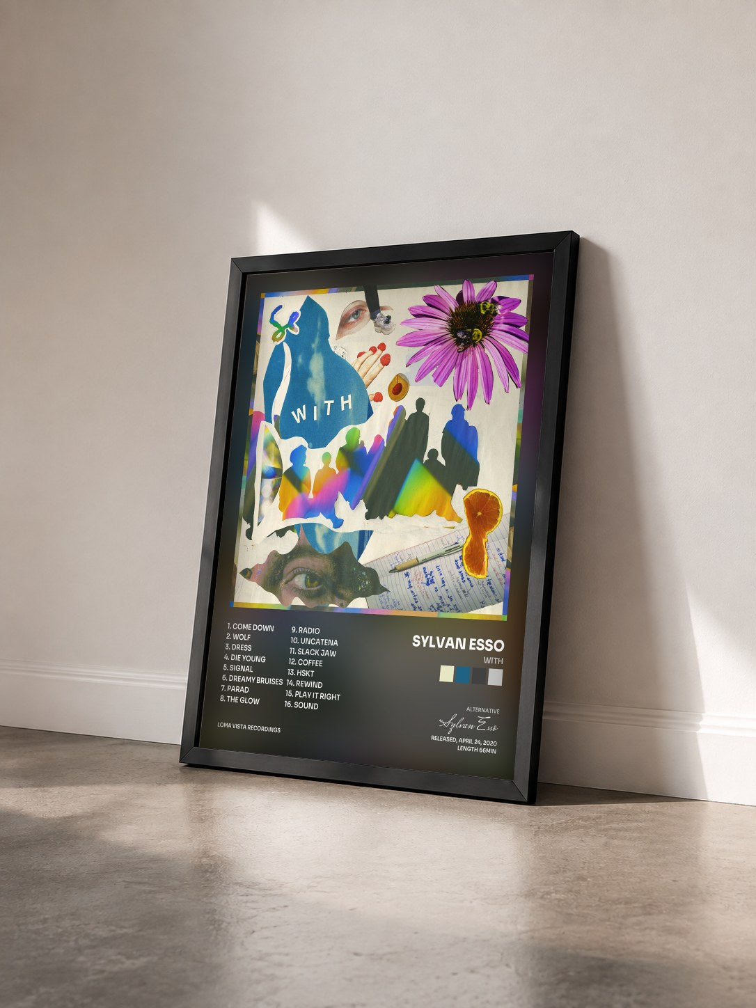 #noir Tableau de l'album WITH de Sylvan Esso vu de trois quarts, cadre noir
