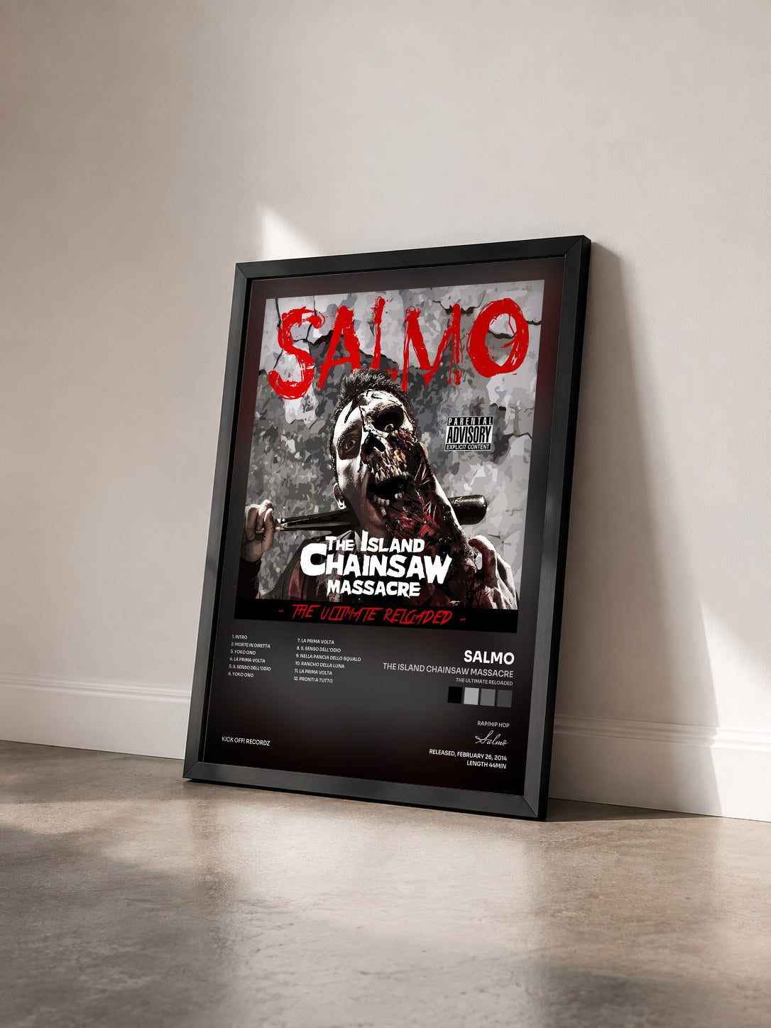 #noir Tableau de l'album The Island Chainsaw Massacre (The Ultimate Reloaded) de Salmo vu de trois quarts, cadre noir