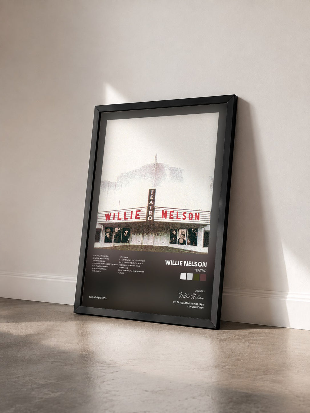 #noir Tableau de l'album Teatro de Willie Nelson vu de trois quarts, cadre noir