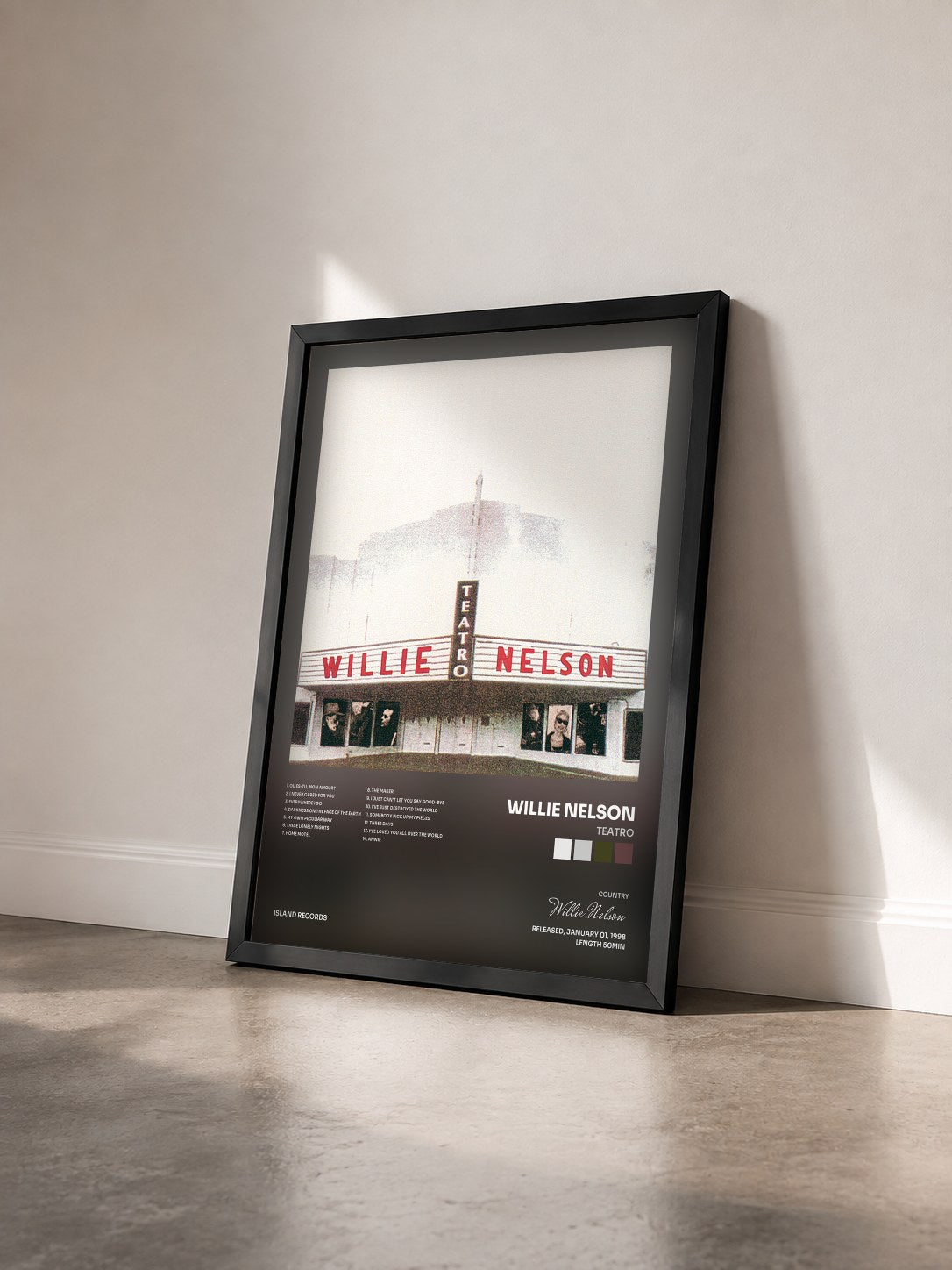 #noir Tableau de l'album Teatro de Willie Nelson vu de trois quarts, cadre noir