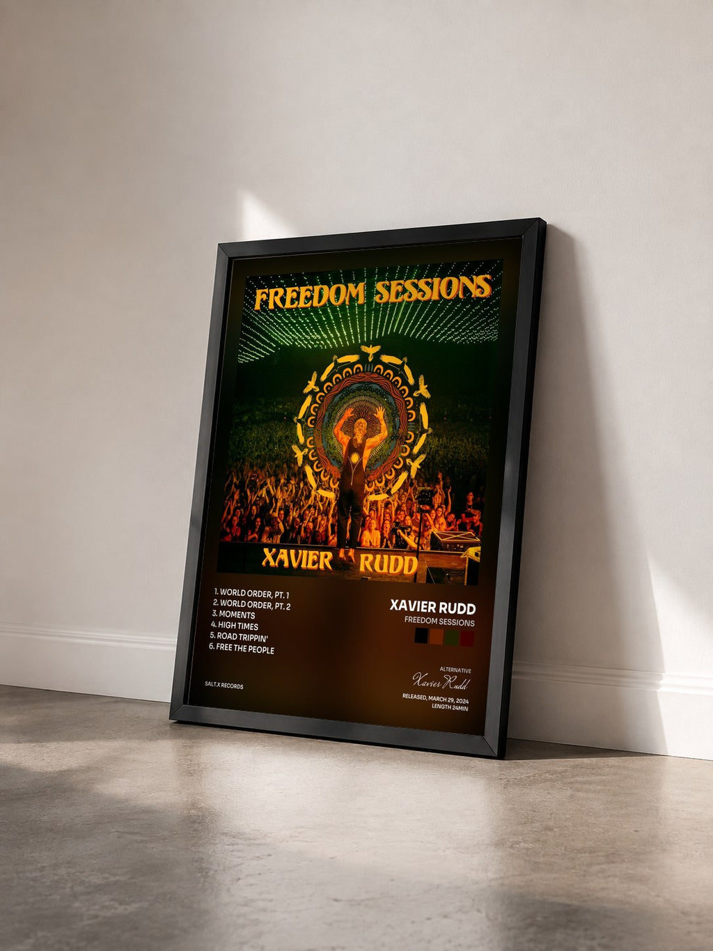 #noir Tableau de l'album Freedom Sessions de Xavier Rudd vu de trois quarts, cadre noir