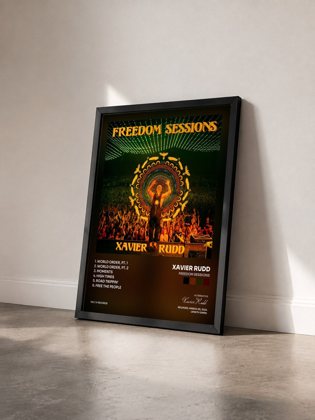 #noir Tableau de l'album Freedom Sessions de Xavier Rudd vu de trois quarts, cadre noir