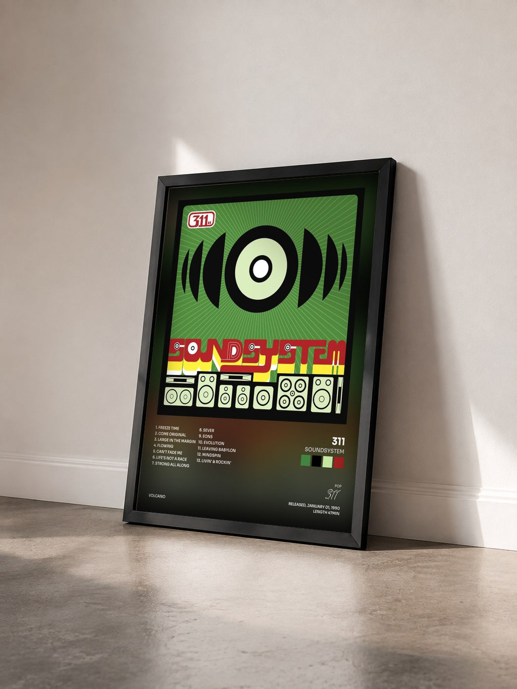 #noir Tableau de l'album Soundsystem de 311 vu de trois quarts, cadre noir