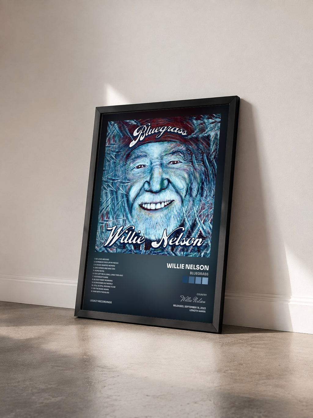 #noir Tableau de l'album Bluegrass de Willie Nelson vu de trois quarts, cadre noir