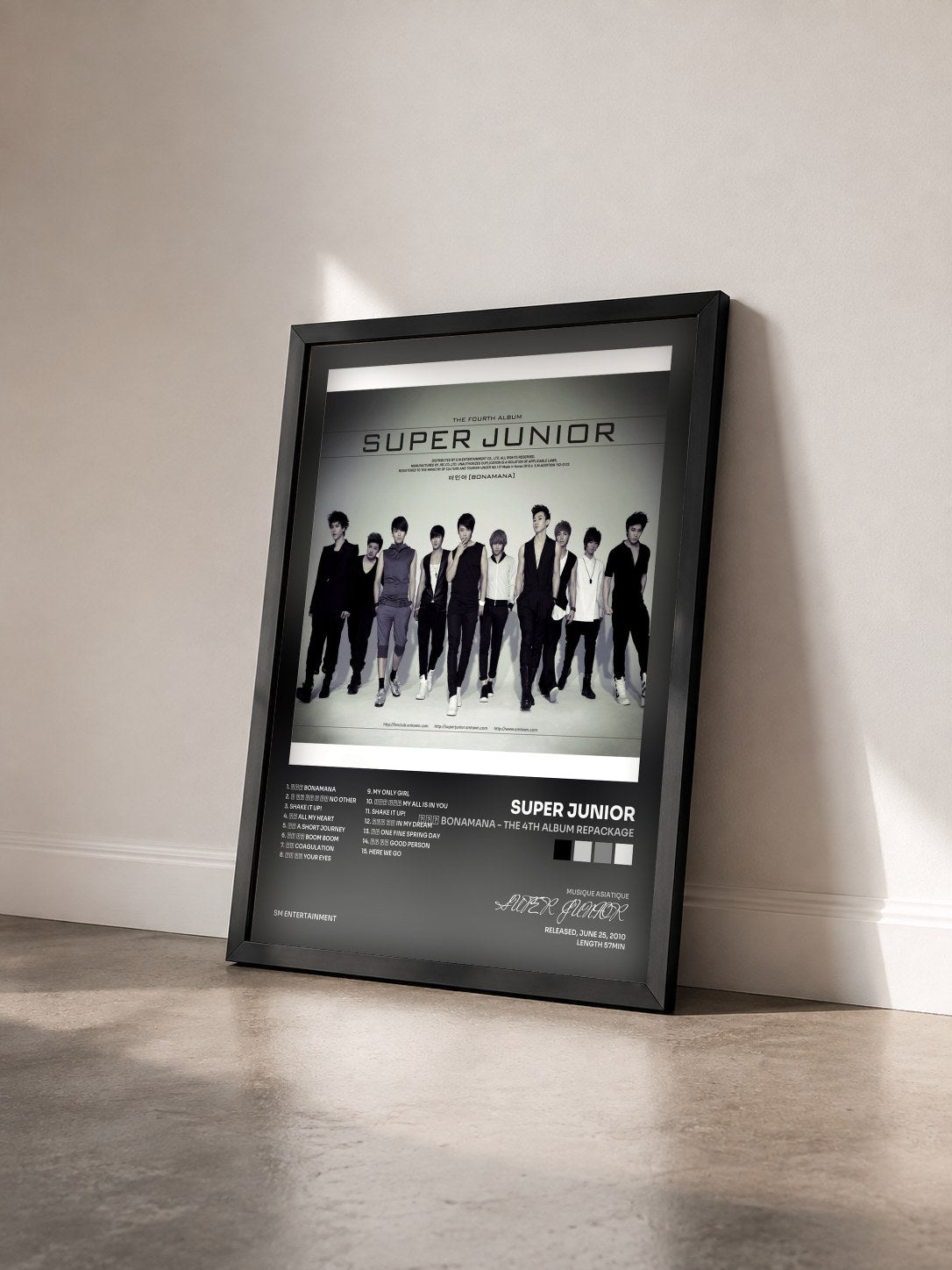 #noir Tableau de l'album 미인아 Bonamana - The 4th Album Repackage de SUPER JUNIOR vu de trois quarts, cadre noir