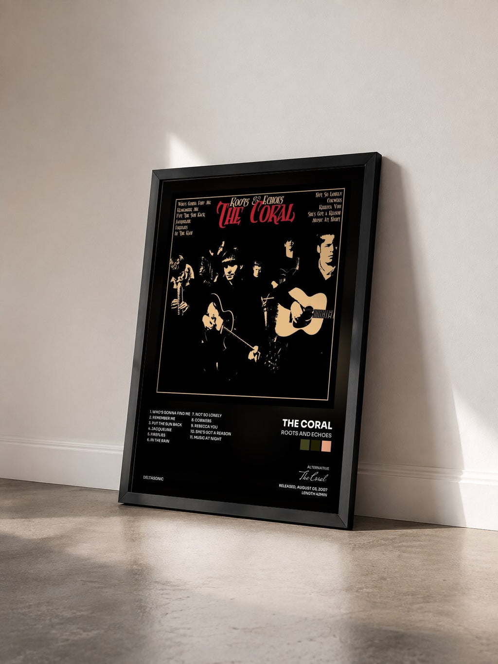 #noir Tableau de l'album Roots and Echoes de The Coral vu de trois quarts, cadre noir