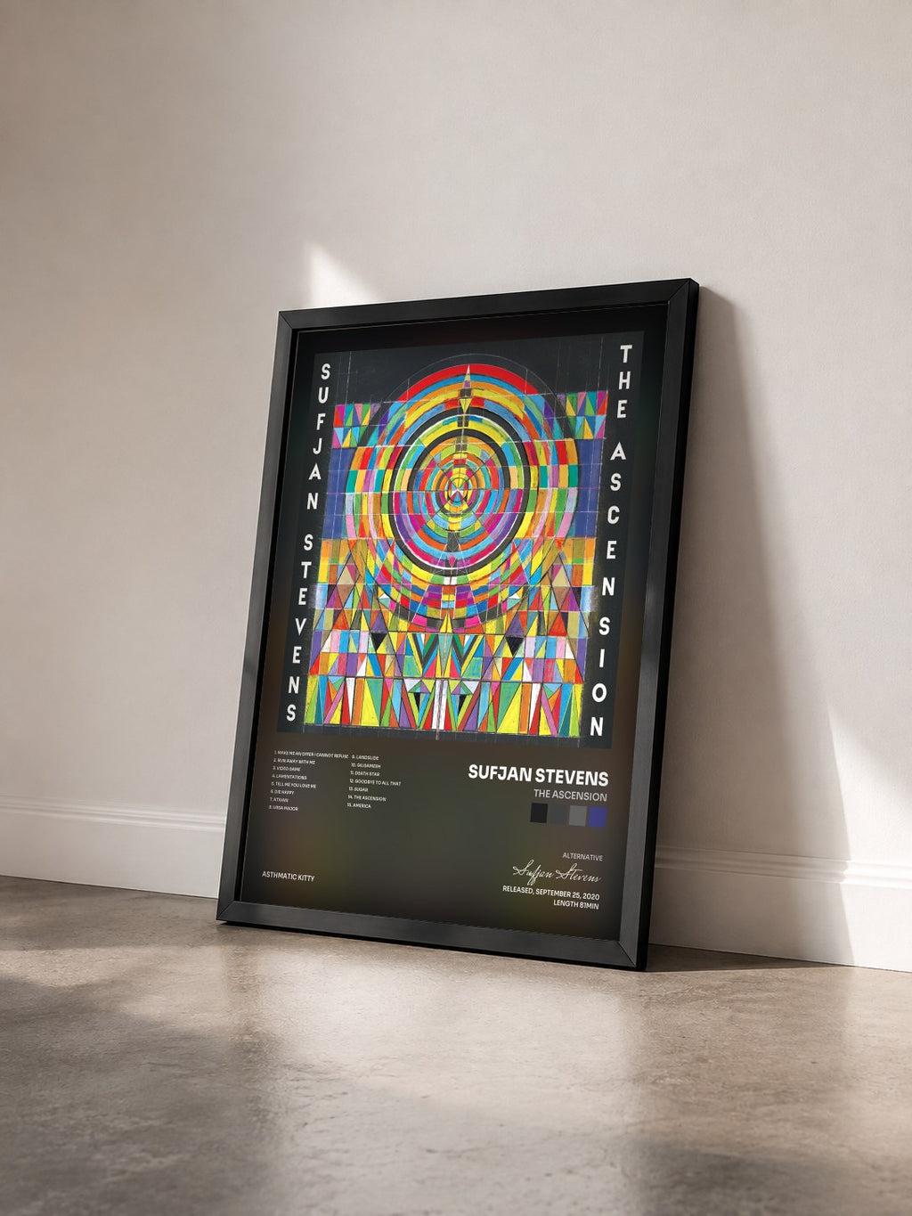 #noir Tableau de l'album The Ascension de Sufjan Stevens vu de trois quarts, cadre noir