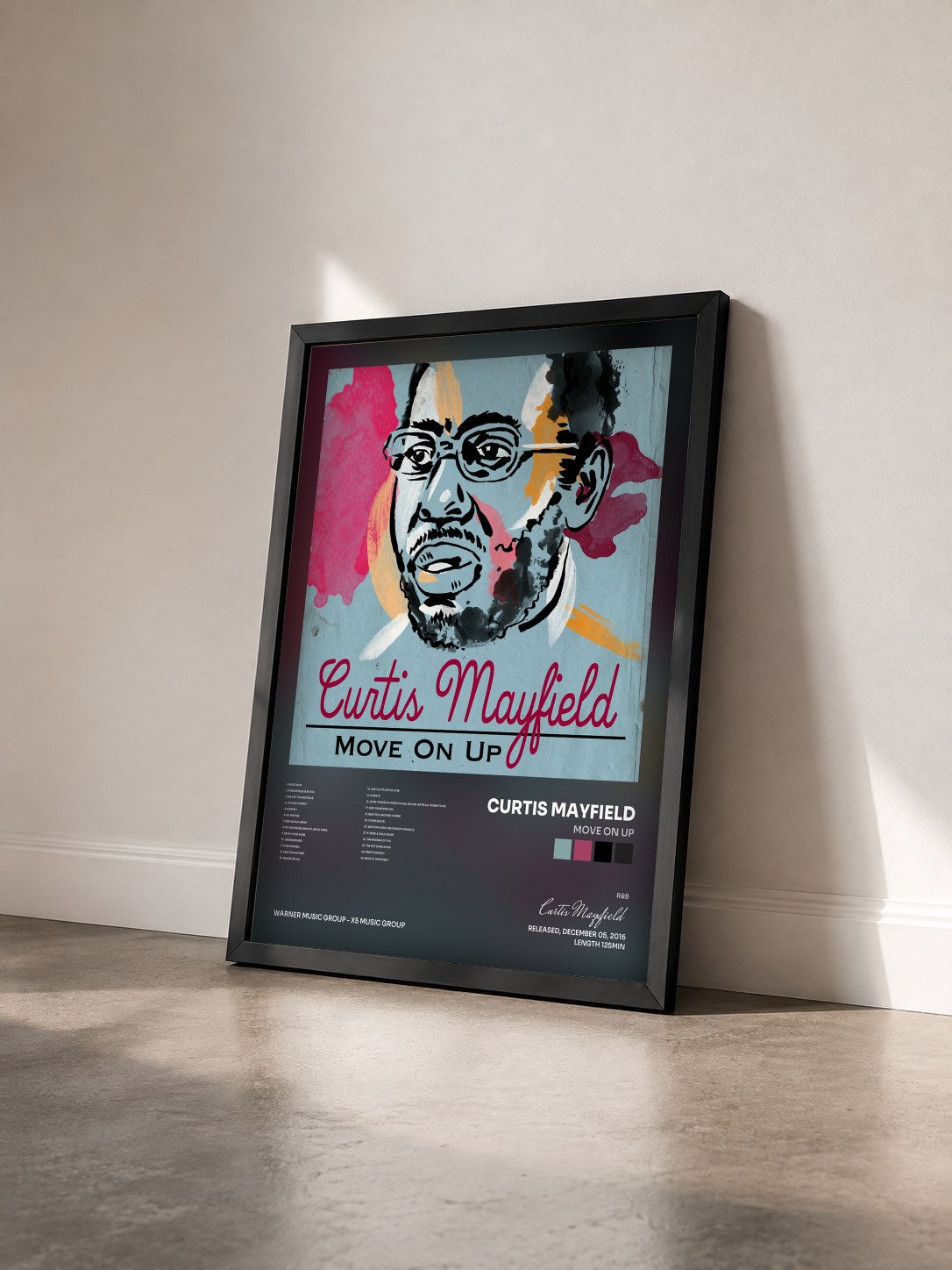 #noir Tableau de l'album Move On Up de Curtis Mayfield vu de trois quarts, cadre noir