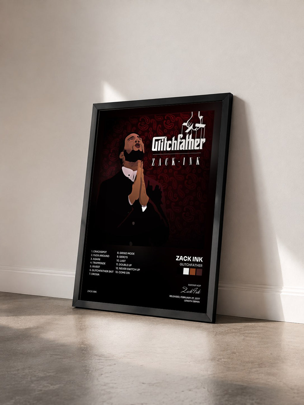 #noir Tableau de l'album Glitchfather de Zack Ink vu de trois quarts, cadre noir