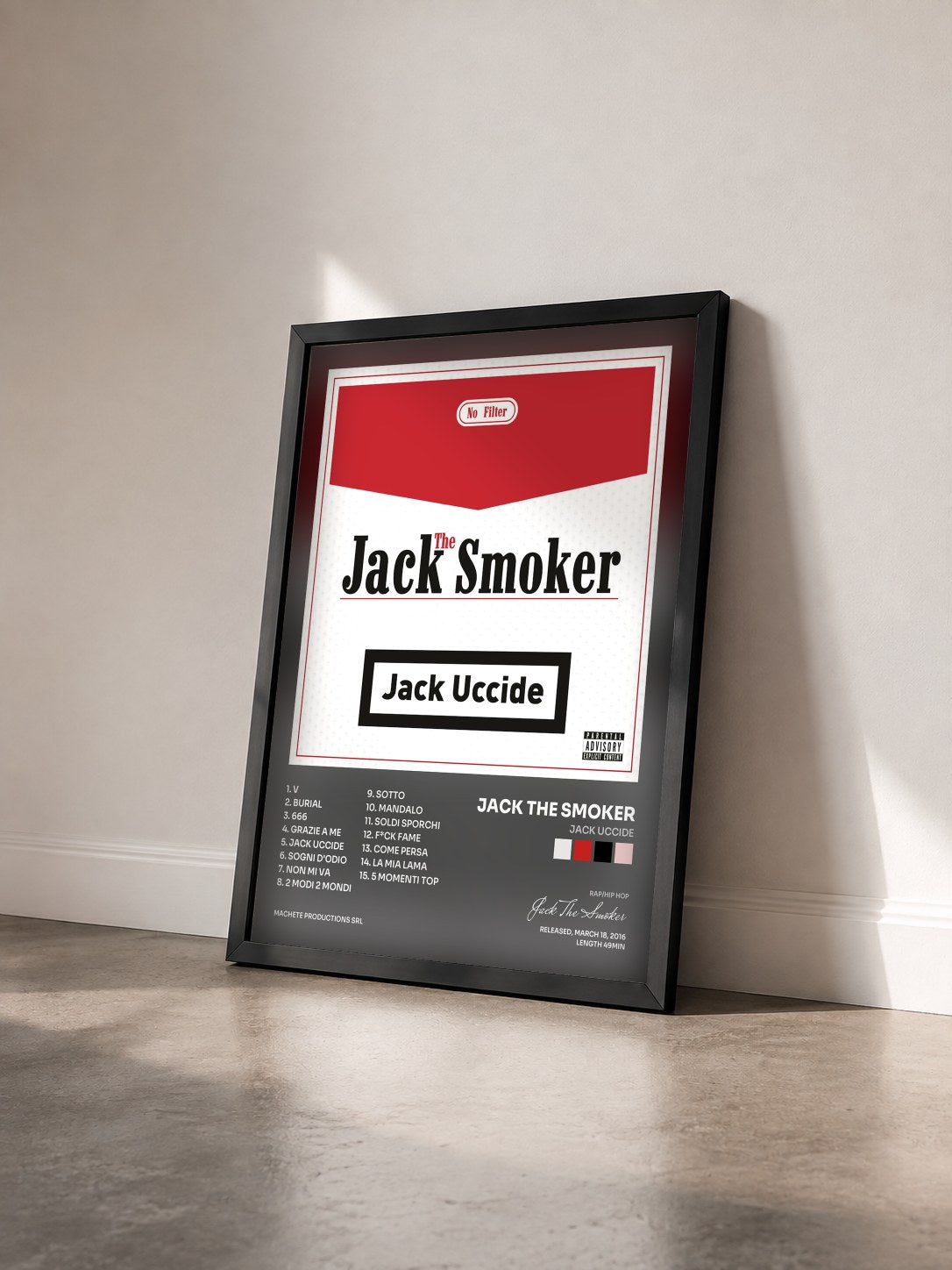 #noir Tableau de l'album Jack uccide de Jack The Smoker vu de trois quarts, cadre noir