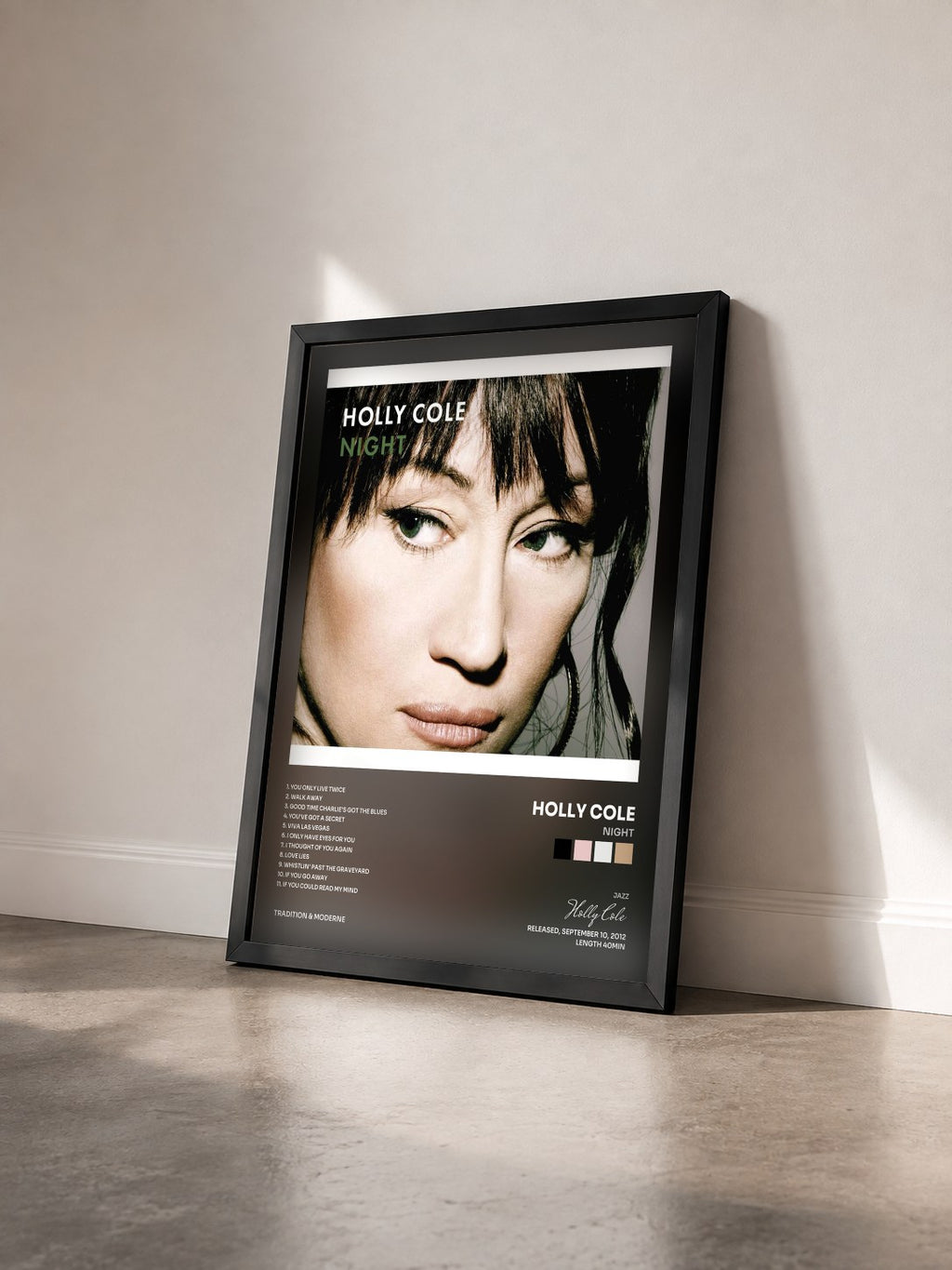 #noir Tableau de l'album Night de Holly Cole vu de trois quarts, cadre noir