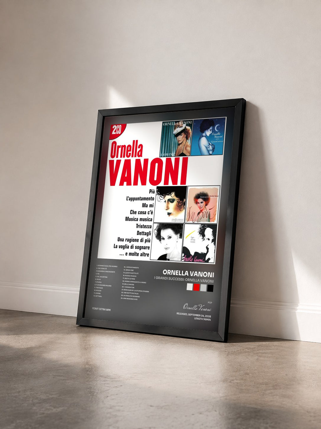 #noir Tableau de l'album I Grandi Successi: Ornella Vanoni de Ornella Vanoni vu de trois quarts, cadre noir